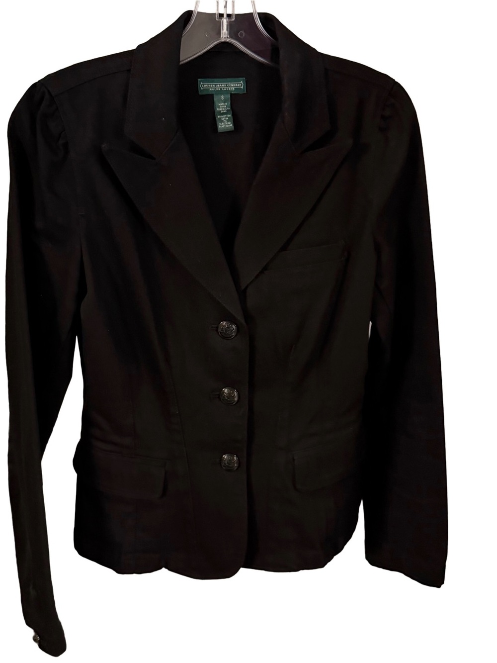 Ralph Lauren Women’s Black Denim Blazer 3 Button Close Notch Lapels Sz S NWOT
